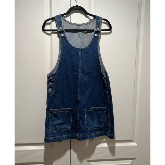 Topshop Moto Pinafore Dress Blue Medium Wash Jumper Overalls Skirt Cotton - Picture 2 of 5